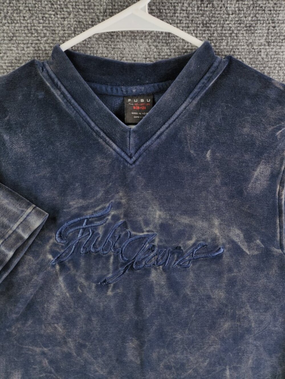 FUBU Small 8-10 Blue 1/2 Sleeve Velour V Neck Sweater Embroidery Soft Sweatshirt